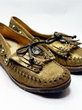 Coach Gold-Tone Suede Moccasin Loafers with Studded detail size 8